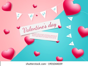 Valentine's day background. Hearts red card on pink and blue background with space for text. Vector illustration