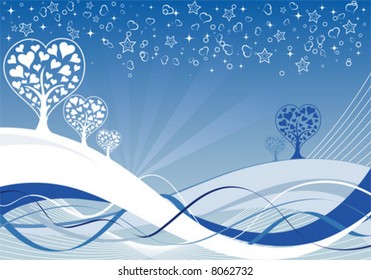 Valentines Day background with Hearts and tree on wave pattern, element for design, vector illustration
