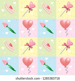  Valentine's Day background. Hearts, tulips, cakes, lollipops, balloons. Color vector illustration.