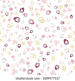 Valentines day background with hearts, wedding rings, roses, seamless vector
