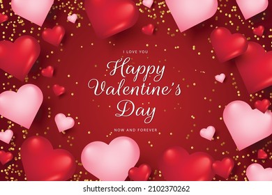 Valentines day background with hearts and words i love you now and forever vector illustration wallpapers, flyers, invitations, posters, brochures, banners 