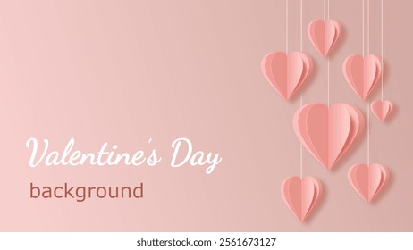 Valentine's Day background. horizontal vector illustration with hanging paper cut layered hearts on a pink gradient backdrop. elegant composition for card, greeting, invitation, banner with copy space