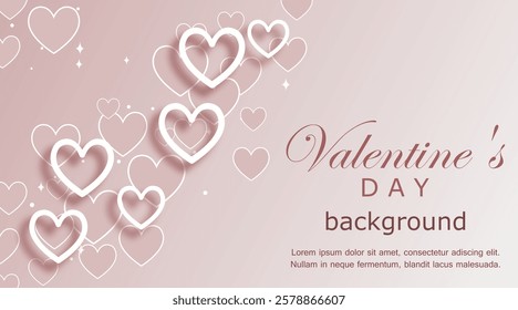 Valentine's Day background. horizontal vector illustration with hanging hearts on a pink gradient backdrop. elegant composition for card, greeting, invitation, banner with copy space