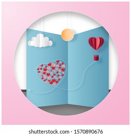 Valentines day background with hot air balloon and heart shape. Paper art style. Vector illustration