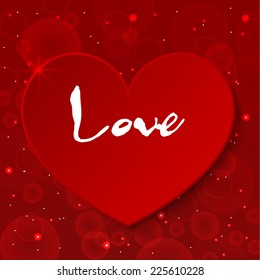 Valentine`s day background illustration with 3d red paper heart with 'Love' label.