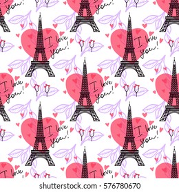 Valentine's Day background. Illustration black Eiffel Tower. Pink heart romantic spots. Vector seamless pattern.