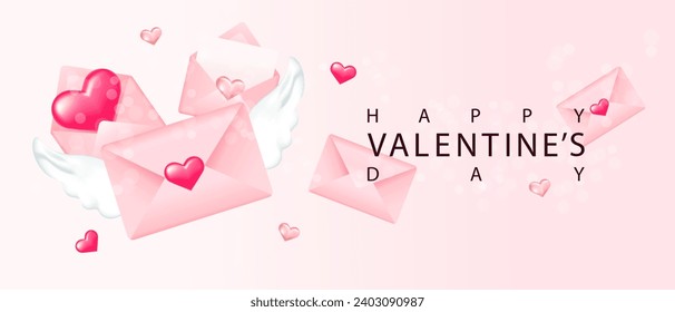 Valentine's Day background. Illustration with pink envelopes, 3d hearts and confetti. Happy Valentine's Day. Vector illustration.