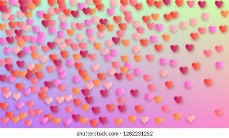 Valentine's Day Background. Invitation Template. Many Random Falling Red Hearts on Hologram Backdrop. Heart Confetti Pattern. Vector Valentine's Day Background.