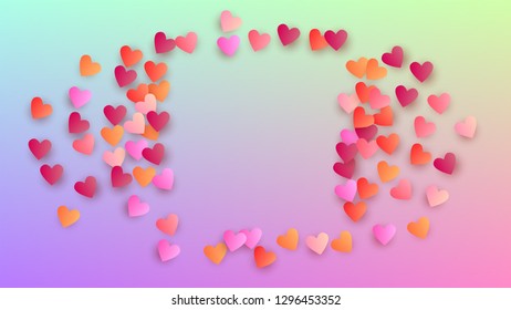 Valentine's Day Background. Invitation Template. Heart Confetti Pattern. Many Random Falling Pink Hearts on Hologram Backdrop. Vector Valentine's Day Background.