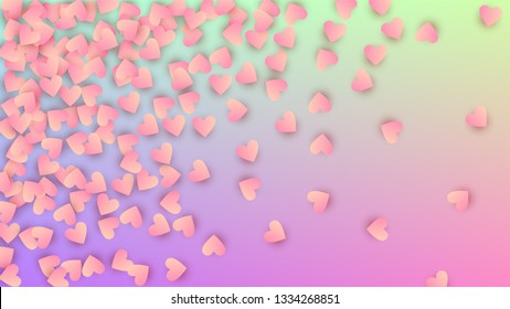 Valentine's Day Background. Invitation Template. Many Random Falling Pink Hearts on Hologram Backdrop. Heart Confetti Pattern. Vector Valentine's Day Background.