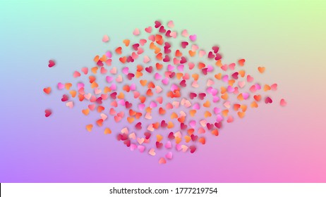Valentine's Day Background. Invitation Template. Heart Confetti Pattern. Many Random Falling Pink Hearts on Hologram Backdrop. Vector Valentine's Day Background.