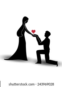Valentines Day Background. Isolated Silhouettes of Young Man and Woman in Love.