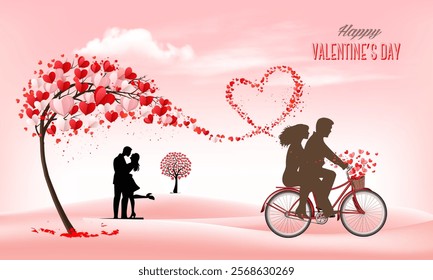 Valentine's Day background with a kissing couple silhouette, heart shaped tree and a box. Vector.