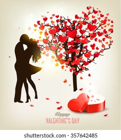 Valentine's Day background with a kissing couple silhouette, heart shaped tree and a box. Vector. 