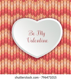 Valentines day background with knitted texture and heart. Vector illustration for web or print design. Invitation, banner, brochure, header, wallpaper, flyer