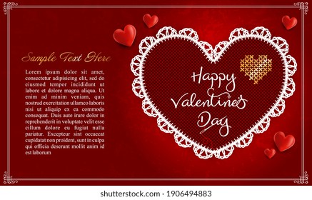 Valentines day background with knitting hearts and needles. Embroidery stylization with stitches. illustration of stitched heart. Background for Valentines day, marriage or betrothal.Vector EPS10