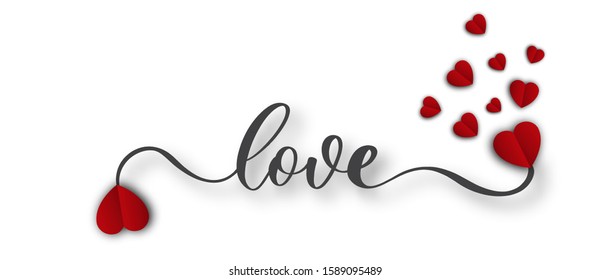 Valentines Day  background with lettering Love  and red hearts. Holiday card illustration.