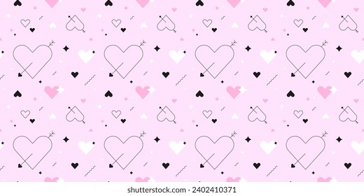 Valentine's Day background with linear hearts and love arrow going through. Seamless pattern in Y2k style. Geometric shapes, stars, futuristic and dreamy abstract romantic vector illustration.