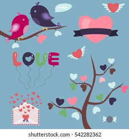 Valentines day background with love birds and tree branch made out of hearts. Vector illustration valentines symbols romantic decoration love mail with hearts.