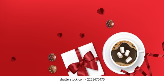 Valentines day background, love card, romantic banner, coffee, chocolate, sale background, love concept vector illustration