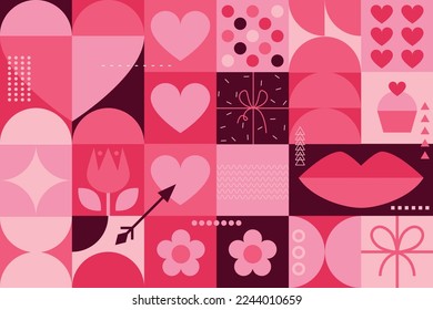 Valentine's day background. Love and heart. Trendy geometric shapes with circles, squares and hearts in retro style for a Valentine's Day or wedding day