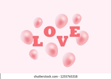 Valentines day background, LOVE letters flying in the air with realistic balloons. Vector illustration, pink background