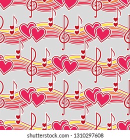 Valentine's Day background. Love music seamless pattern. Music notes with hearts on grey background.