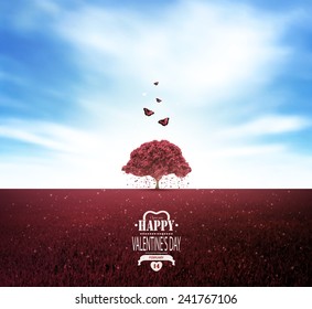 Valentine's Day Background With Love Tree, Red Field, Blue Sky, Hearts, Butterflies And Title Inscription