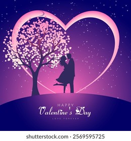 Valentine's Day background with love tree and couple silhouette.