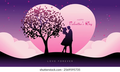 Valentine's Day background with love tree and couple silhouette.