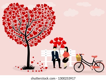 Valentine's Day background with lovers sitting in a silhouette, Heart-shaped trees and pink bikes