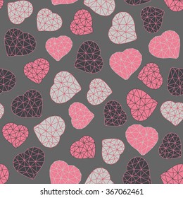 Valentine's Day background. Low-poly polygonal. Seamless pattern with geometric pink hearts. Holiday template. Abstract texture made of triangles. For wallpaper, web page, surface textures.
