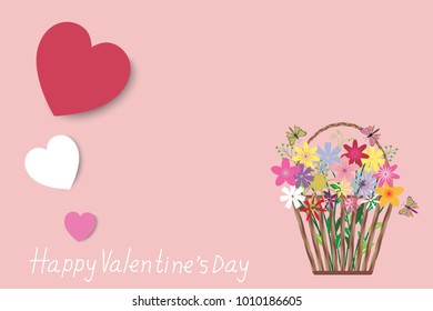 Valentine's Day background, many beautiful flowers are in a basket, 
butterfly flew to see the flowers. White, red and pink hearts symbolize love.  Vector, illustration.