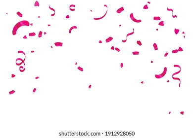 Valentine's Day Background With Many Falling Pink Tiny Confetti And Streamer Ribbon. Vector