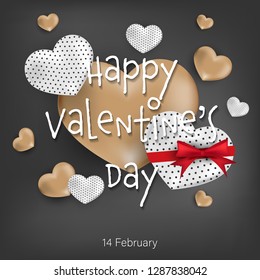 Valentine's day background of many gold hearts and white hearts with red ribbon around Happy Valentine's Day text on black background with 14 February text. Love concept for background, advertising.