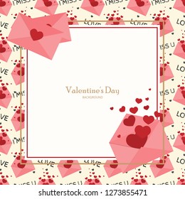 Valentine's day background of many heart flying from love envelope with LOVE and MISS U text on light color background and white frame for your copy space. Concept for love and Valentines greeting.