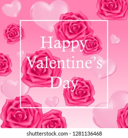 Valentine's day background of many pink hearts and pink roses around Happy Valentine's Day text with white frame on light pink color background. Valentines Day greeting card or banner.