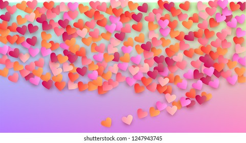 Valentine's Day Background. Many Random Falling Beautifull Hearts on Hologram Backdrop. Banner Template. Heart Confetti Pattern. Vector Valentine's Day Background.