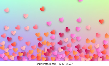 Valentine's Day Background. Many Random Falling Purple Hearts on Hologram Backdrop. Heart Confetti Pattern. Banner Template. Vector Valentine's Day Background.