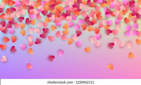 Valentine's Day Background. Many Random Falling Pink Hearts on Hologram Backdrop. Card Template. Heart Confetti Pattern. Vector Valentine's Day Background.