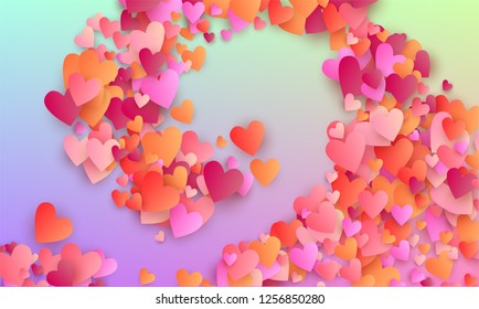 Valentine's Day Background. Many Random Falling Red Hearts on Hologram Backdrop. Heart Confetti Pattern. Flyer Template. Vector Valentine's Day Background.