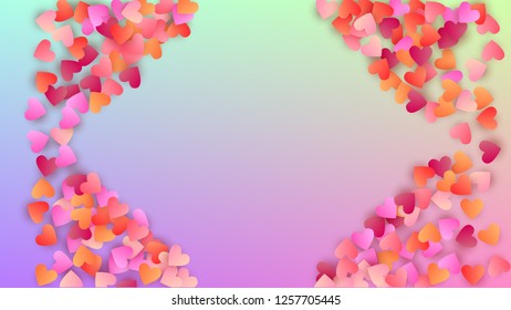 Valentine's Day Background. Many Random Falling Pink Hearts on Hologram Backdrop. Heart Confetti Pattern. Banner Template. Vector Valentine's Day Background.