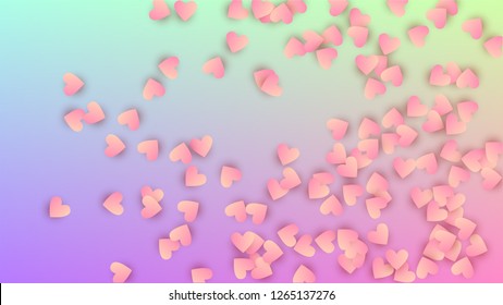 Valentine's Day Background. Many Random Falling Red Hearts on Hologram Backdrop. Card Template. Heart Confetti Pattern. Vector Valentine's Day Background.