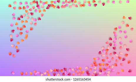 Valentine's Day Background. Many Random Falling Pink Hearts on Hologram Backdrop. Heart Confetti Pattern. Banner Template. Vector Valentine's Day Background.