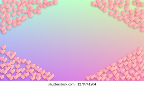 Valentine's Day Background. Many Random Falling Purple Hearts on Hologram Backdrop. Heart Confetti Pattern. Poster Template. Vector Valentine's Day Background.
