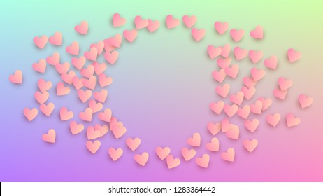 Valentine's Day Background. Many Random Falling Pink Hearts on Hologram Backdrop. Card Template. Heart Confetti Pattern. Vector Valentine's Day Background.