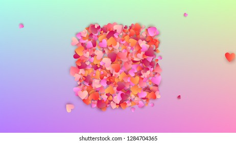Valentine's Day Background. Many Random Falling Purple Hearts on Hologram Backdrop. Heart Confetti Pattern. Flyer Template. Vector Valentine's Day Background.