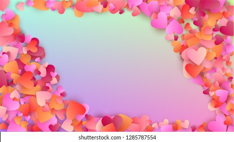 Valentine's Day Background. Many Random Falling Pink Hearts on Hologram Backdrop. Card Template. Heart Confetti Pattern. Vector Valentine's Day Background.