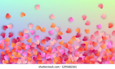 Valentine's Day Background. Many Random Falling Beautifull Hearts on Hologram Backdrop. Banner Template. Heart Confetti Pattern. Vector Valentine's Day Background.