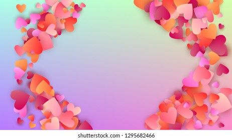 Valentine's Day Background. Many Random Falling Beautifull Hearts on Hologram Backdrop. Heart Confetti Pattern. Poster Template. Vector Valentine's Day Background.